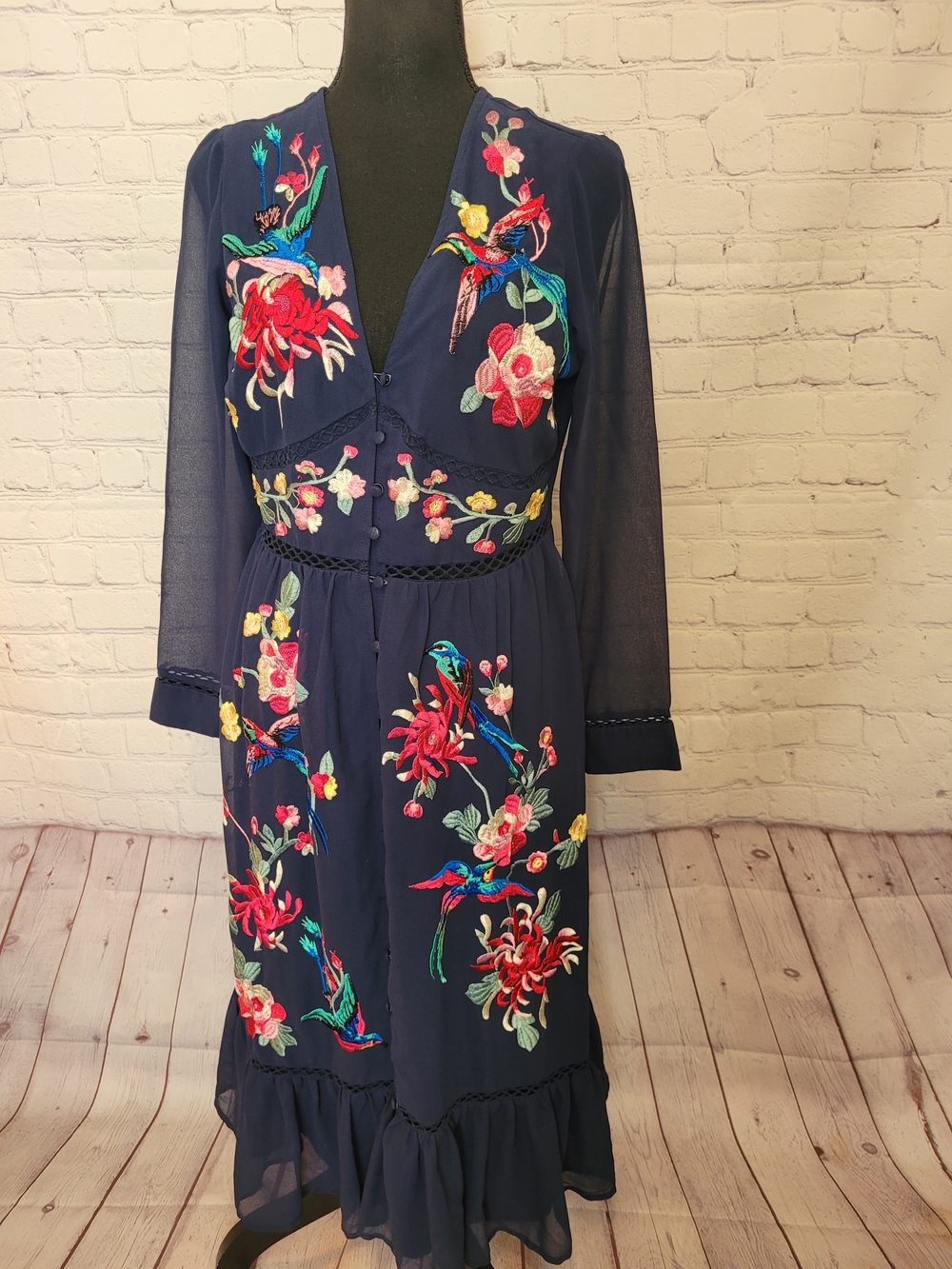 ASOS Navy Size 6 Embroidered Skater Midi Dress Lace Trim Button Front
